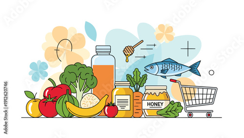 Nutritious variety of fresh grocery items including fruits, vegetables, fish, and honey with a shopping cart background.