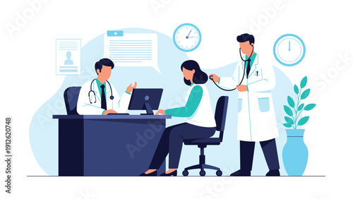Patient discussing medical symptoms with professional doctors in a clinic office for a health checkup and consultation.