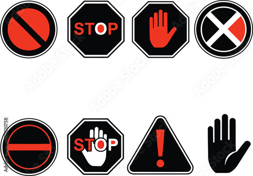 Various warning and stop signs are displayed in a grid on a neutral background viewed from directly above.