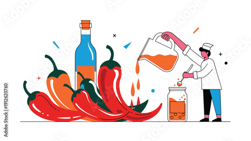 Professional chef pouring liquid into a jar next to large red chili peppers to prepare a spicy hot sauce or condiment.