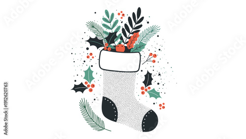 Festive Christmas stocking filled with evergreen branches and holly berries surrounded by seasonal winter decorations.