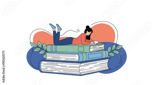 Young woman lying on a massive stack of books while taking notes and studying for her education or academic research.