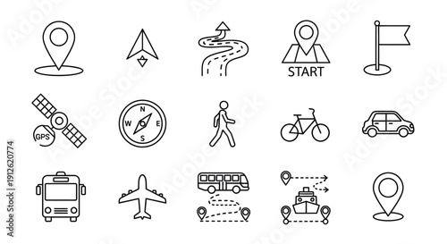Travel and navigation icons in a simple linear style silhouette
