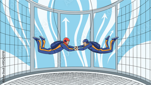 Two skydivers holding hands while floating inside an indoor skydiving wind tunnel facility for sport and recreation.