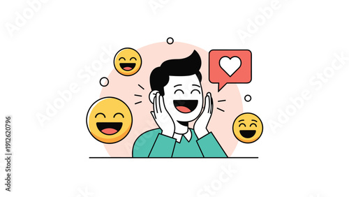 Happy man laughing heartily surrounded by cheerful yellow smiley face emojis and a pink love heart speech bubble.