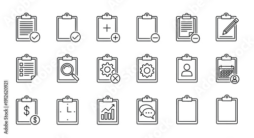 Collection of clipboard icons with various symbols a line art silhouette