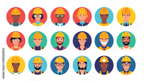 Collection of diverse construction worker avatars wearing yellow safety helmets and various uniforms in colorful circles.