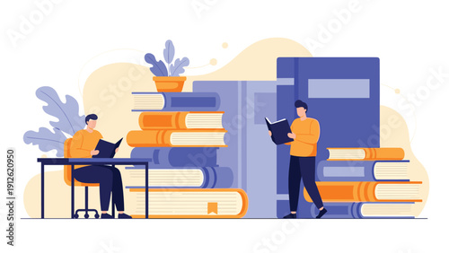 Young people reading and studying among giant stacks of books in a modern library or educational learning center.