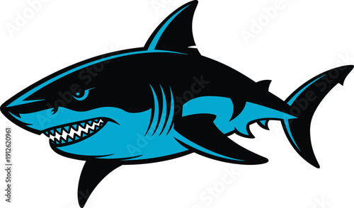 Aggressive Great White Shark Illustration with Bold Blue and Black Design Isolated on White Background Vector Artwork