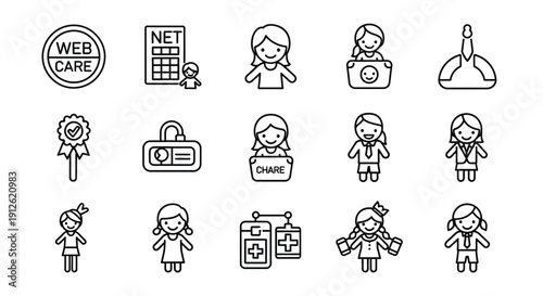 Various line art icons depicting people objects and services silhouette