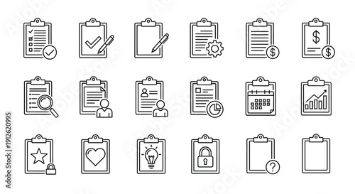 Collection of clipboard icons with various symbols a flat silhouette