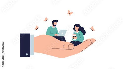 Human resources and employee care concept with a man and woman working while being supported by a giant giant hand.