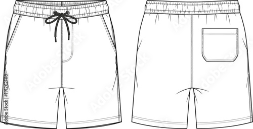 White Swim Shorts Technical Mockup, Front and Back View Board Shorts Flat Sketch, Men Summer Beachwear Apparel Design Template Vector,
