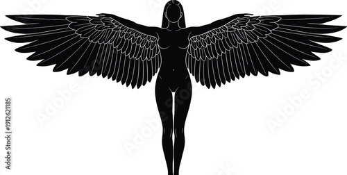 Winged woman silhouette vector illustration, angel female figure with large spread wings, mythical goddess character, celestial being, black white isolated.