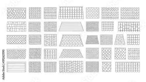 Comprehensive collection of architectural roof types and shingle texture patterns in a technical line art style.
