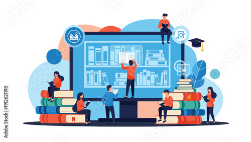 Digital library and online education concept featuring people reading books and studying around a giant monitor screen.