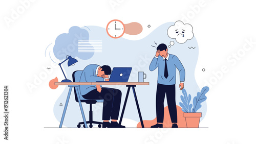 Overworked and tired office employees experiencing burnout and stress at their workspace under a ticking clock.