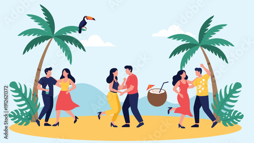 People enjoying a beach party and dancing under palm trees in a tropical summer vacation paradise with drinks.