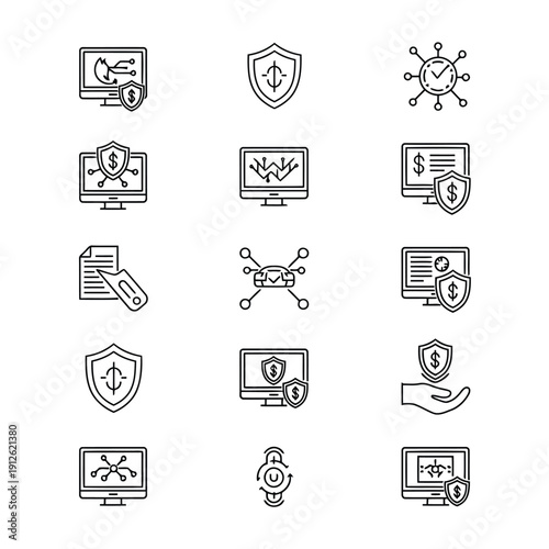 Cybersecurity icons displayed on computer screens with various security symbols and elements