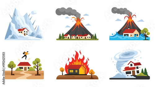 Collection of various natural disasters including fire flood volcano tornado and avalanche affecting residential areas.