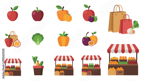 Selection of market stalls filled with colorful fruits and vegetables along with shopping bags for grocery store or market designs.