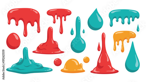 Collection of colorful liquid drips, drops, and splatters in red, blue, and orange colors for creative artistic design projects.