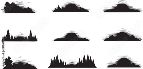 Collection of black silhouette city skylines and mountains