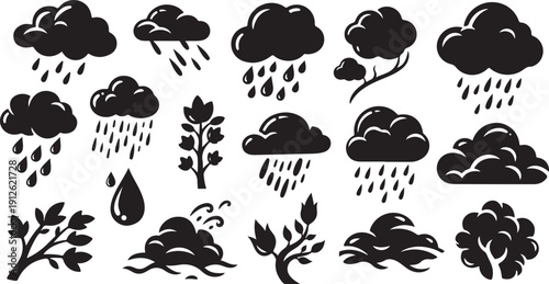 Weather icons with clouds and rain droplets falling down