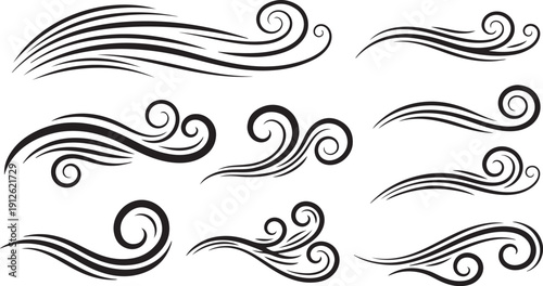 Collection of black swirling wind and wave design elements