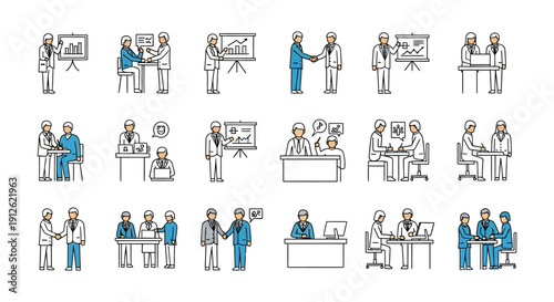 line art icons of business professionals collaborating meeting presenting and negotiating in office showing teamwork deals success.