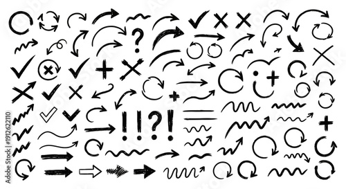 hand-drawn arrows and symbols including checkmarks crosses and question marks for ui design and web graphics.