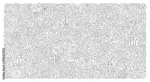 intricate abstract line art pattern with decorative swirls and stylized letters background for adult coloring books.