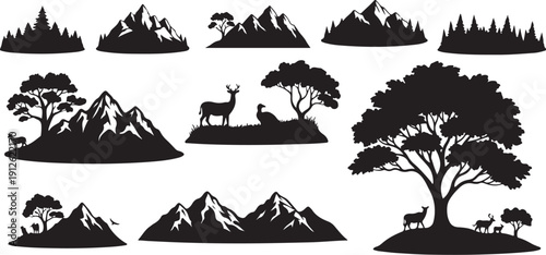 Black silhouettes of nature scenes with mountains and trees