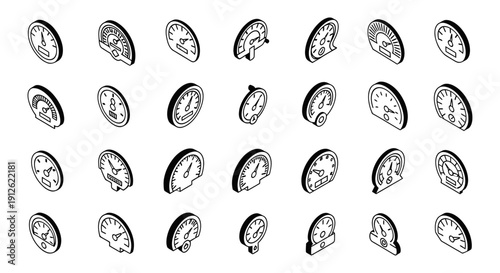 isometric gauge icons vector set featuring speedometers and dashboard elements ideal for data visualization and technology concepts.