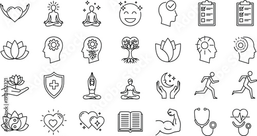 Set of wellness icons, meditation symbols, mental health elements, yoga poses, heart care, lotus flower, mindfulness, healthy lifestyle, medical insurance, and self-care outline vector (21 words)