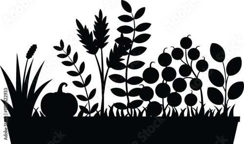 Black silhouette of various plants and a pumpkin in a planter 1