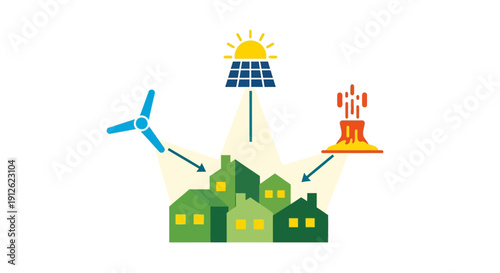 Renewable Energy Grid Diagram: Solar, Wind, and Geothermal Power Sources Supplying a Sustainable Community of Homes.