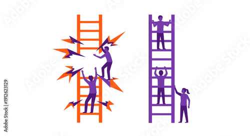 Systemic Inequality and Struggle: People face severe obstacles on one ladder while others easily climb to success and higher advantage.