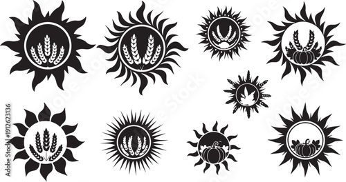 Black and white sun icons with wheat and grains