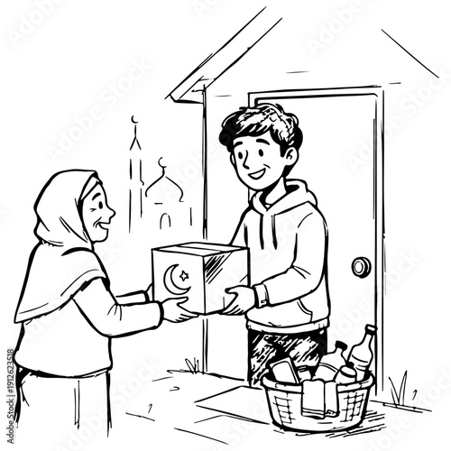 Young man delivering food and aid to elderly woman at doorstep
