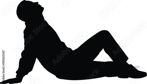 Man reclining silhouette resting on ground, relaxed body posture concept, casual lifestyle and leisure theme, calm mood, minimalist vector illustration, isolated on white background