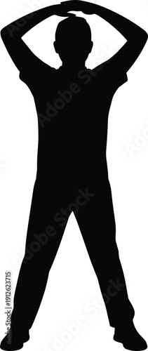 Standing man stretching arms overhead silhouette, full body warm up exercise pose, healthy lifestyle fitness concept, flexibility training, minimalist vector illustration design