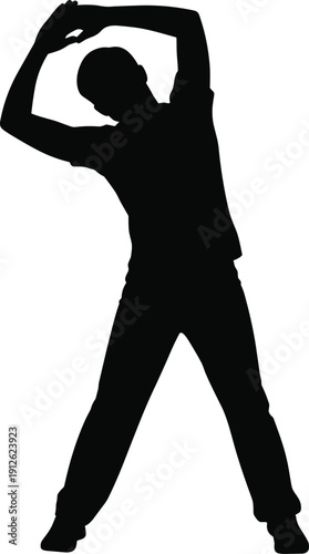 Man stretching arms overhead silhouette, full body fitness exercise pose, healthy lifestyle concept, warm up workout routine, flexibility training, minimalist vector illustration