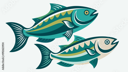 A vibrant vector illustration featuring two stylized fish swimming gracefully in opposite directions with detailed scales and a flat design style