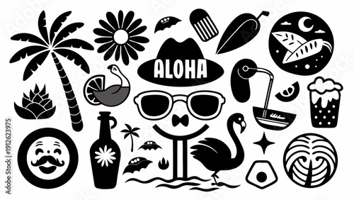 A collection of tropical and summer-themed vector icons featuring palm trees, flowers, sunglasses, drinks, and beach elements in a flat minimalistic style
