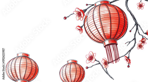 Traditional Chinese Red Lanterns and Cherry Blossoms Illustration on Transparent Background