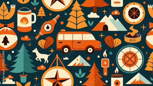 A vibrant and colorful vector illustration showcasing camping elements such as a van, compass, campfire, coffee mug, and trees in a stylish flat design layout