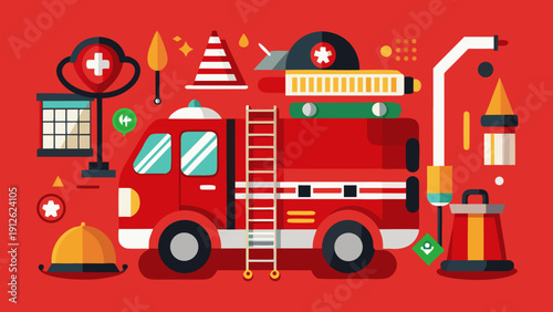 A vibrant vector illustration showcasing a red fire truck with a ladder surrounded by firefighting equipment and symbols
