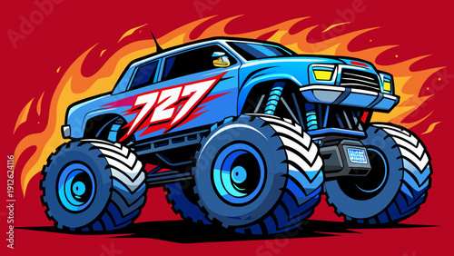 A vibrant and dynamic vector illustration of a blue monster truck with large tires and flames in the background