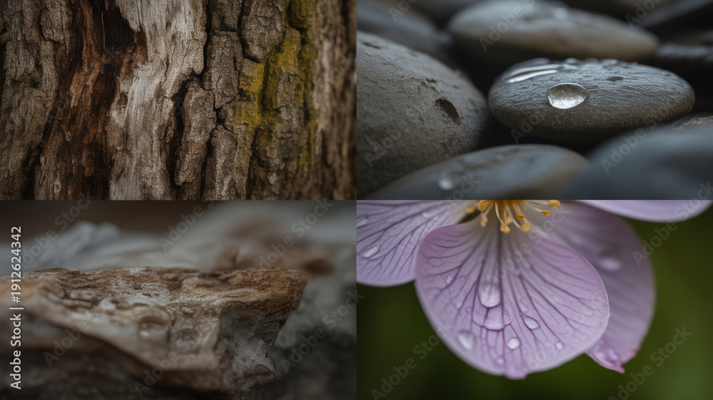 Obraz premium A quadtych featuring bark stones a flower and textured rock surfaces